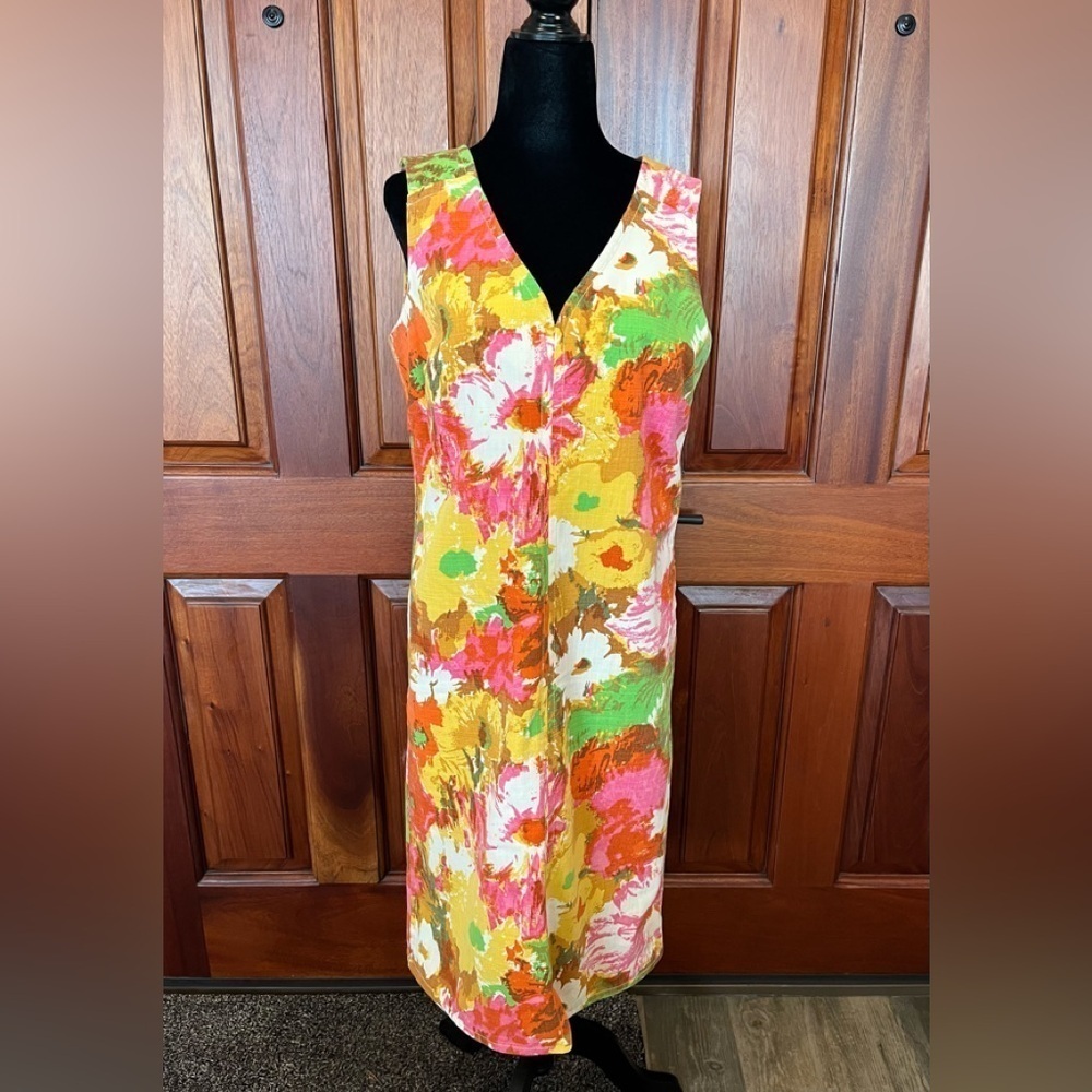 Talbots Colorful Floral Watercolor Print V-Neck Shift Dress Lined Size 8 Spring